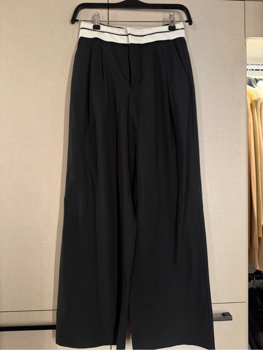 stradivarius Black Wide-Leg Pants with White Waistband